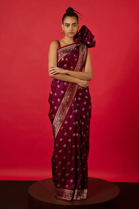 Shop Ekaya Banaras Purple Silk Embroidery Floral Handwoven Saree at Aza Fashions Shop_Ekaya Banaras_Purple Silk Embroidery Floral Handwoven Saree_at_Aza_Fashions