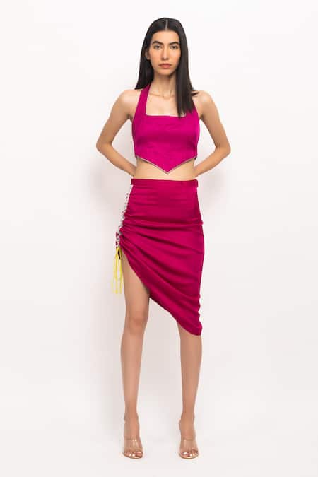 Shop Neora By Nehal Chopra Wine Lace, Tassels Halter Neck Solid Bustier And Skirt Set at Aza Fashions Shop_Neora By Nehal Chopra_Wine Lace, Tassels Halter Neck Solid Bustier And Skirt Set _at_Aza_Fashions