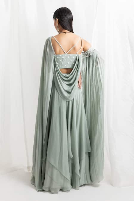 Seema Thukral Green Organza, Crepe, Georgette, Chiffon Drape Sleeve Hand Blouse With Lehenga Online at Aza Fashions Seema Thukral_Green Organza, Crepe, Georgette, Chiffon Drape Sleeve Hand Blouse With Lehenga _Online_at_Aza_Fashions