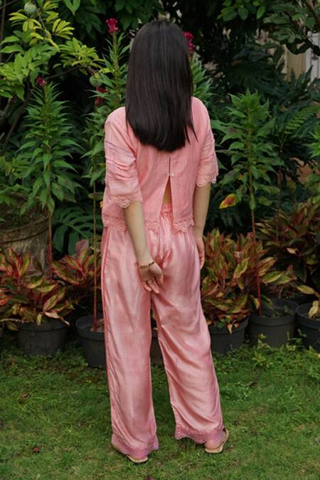 Shop Baju Pink Chanderi Cotton, Silk Lace Round Neck Embroidered Blouse at Aza Fashions Shop_Baju_Pink Chanderi Cotton, Silk Lace Round Neck Embroidered Blouse_at_Aza_Fashions