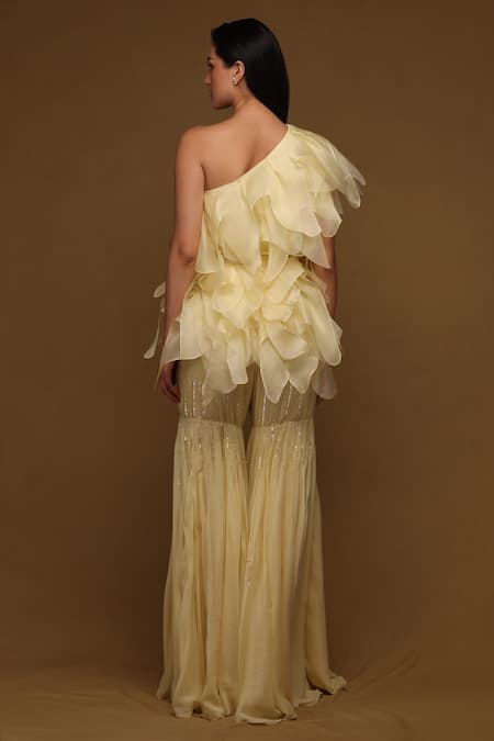 Shop_Shriya Som_Yellow Organza, Chiffon Sequins, Beads, Embroidery Ruffle Top And Flared Pant Set _at_Aza_Fashions
