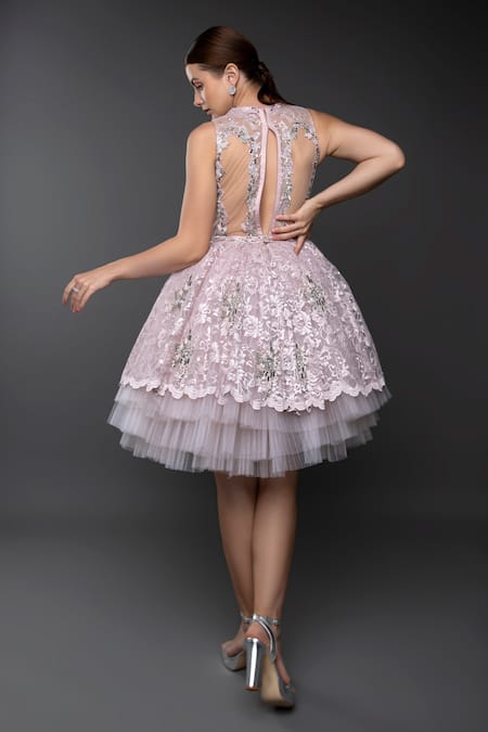 Shop_Anjum Qureshi_Pink Satin Hand Embroidered Sequin Round Flounce Dress _at_Aza_Fashions