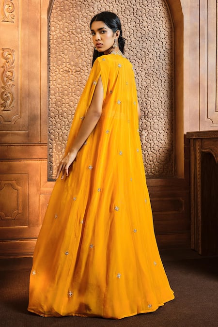 Shop Aneesh Agarwaal Yellow Organza, Linen Cut Work, Sequins Placement Embroidered Cape Lehenga Set at Aza Fashions Shop_Aneesh Agarwaal_Yellow Organza, Linen Cut Work, Sequins Placement Embroidered Cape Lehenga Set _at_Aza_Fashions