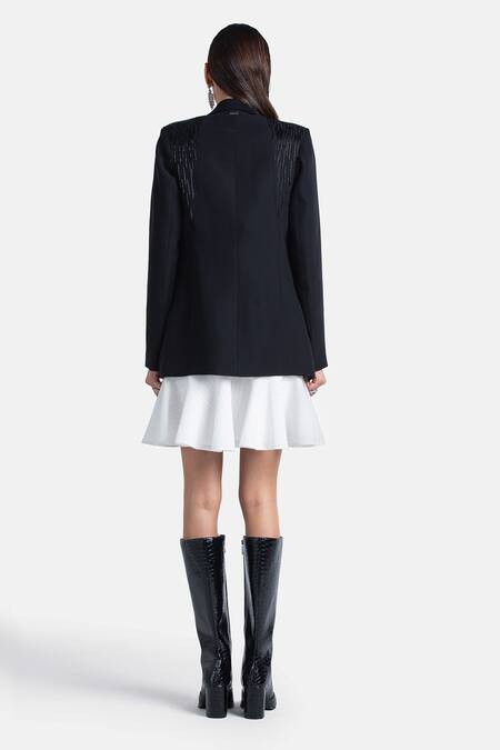 Shop 431-88 By Shweta Kapur Black Crepe Embroidery Collared Cut Dana Blazer at Aza Fashions Shop_431-88 By Shweta Kapur_Black Crepe Embroidery Collared Cut Dana Blazer_at_Aza_Fashions