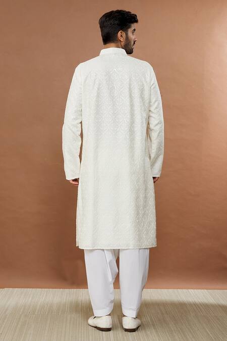 Shop_Aham-Vayam_White Cotton Sequins Utsav Embroidered Kurta And Patiala Set _at_Aza_Fashions