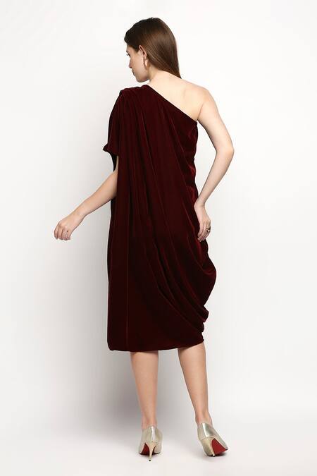Shop Monk & Mei By Sonia Anand Maroon Velvet Fringe, Embroidery One Shoulder Shakira Cowl Draped Dress at Aza Fashions Shop_Monk & Mei By Sonia Anand_Maroon Velvet Fringe, Embroidery One Shoulder Shakira Cowl Draped Dress_at_Aza_Fashions