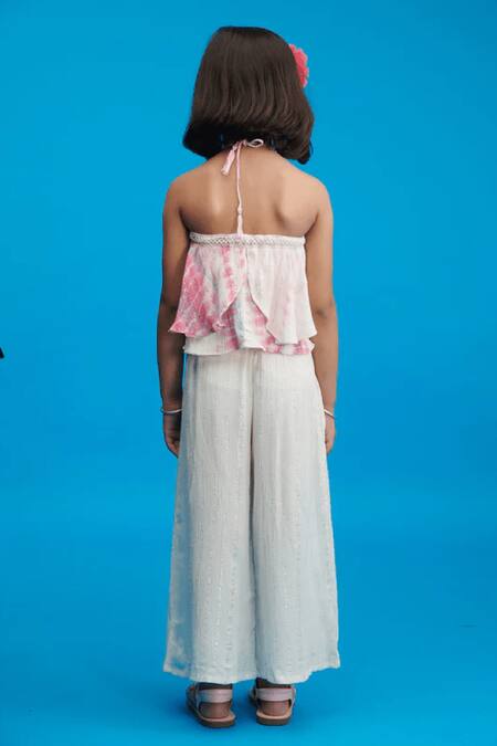 Shop_Littlecheer_White Cotton Petal Halter Neck Top And Palazzo Set _at_Aza_Fashions