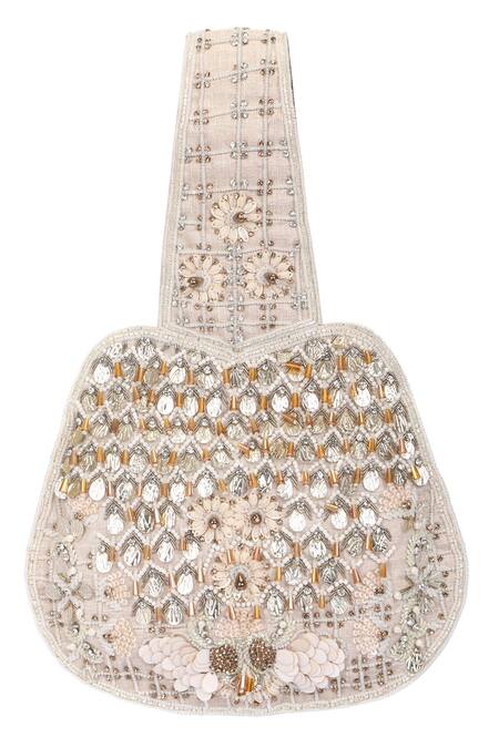 Shop_Fuchsia_Cream Embroidery, Sequins Beauty Potli Bag _at_Aza_Fashions