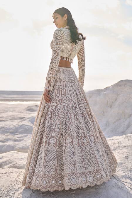 Seema Gujral_Beige Net Embroidery Thread Scallop Bordered Bridal Lehenga Set  _Online_at_Aza_Fashions