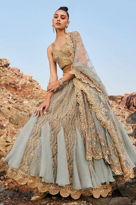 Shop_Nandita Thirani_Blue Tulle Embroidery Sequin Sweetheart Neck Crochet Lehenga Set  _at_Aza_Fashions