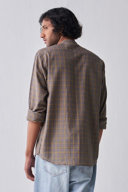 Shop Three Grey Handloom Cotton Checkered Handwoven Shirt at Aza Fashions Shop_Three_Grey Handloom Cotton Checkered Handwoven Shirt _at_Aza_Fashions