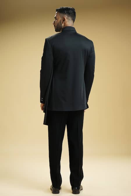 Shop Kommal Sood Black Kota Doria Asymmetric Achkan And Trouser Set at Aza Fashions Shop_Kommal Sood_Black Kota Doria Asymmetric Achkan And Trouser Set _at_Aza_Fashions