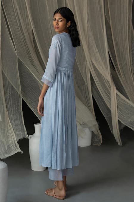 Shop_Zoon_Blue , Satin Embroidery Flower Hand Block Print Anarkali And Pant Set _at_Aza_Fashions