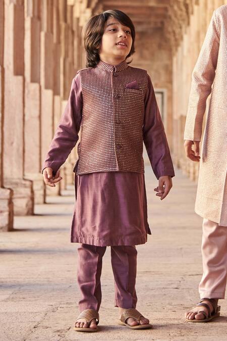 All Boy Couture Maroon Cotton, Silk Sequins, Embroidery Bundi Kurta Set 