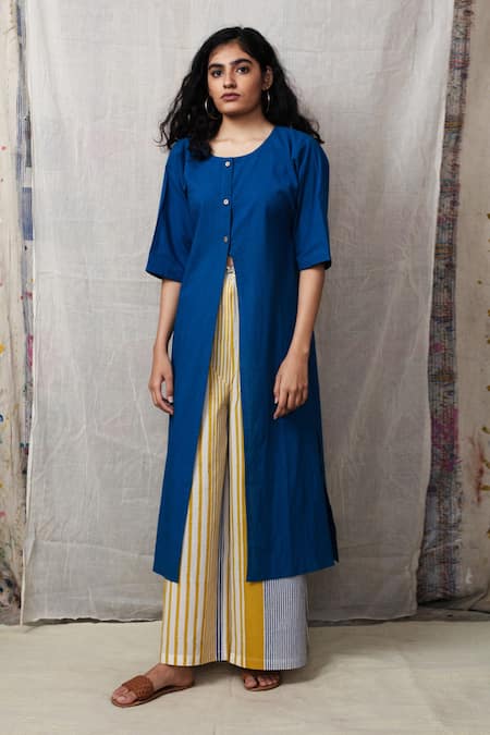 Shop Banana Labs Blue Cotton Plain Round Front Slit Kurta Set at Aza Fashions Shop_Banana Labs_Blue Cotton Plain Round Front Slit Kurta Set _at_Aza_Fashions