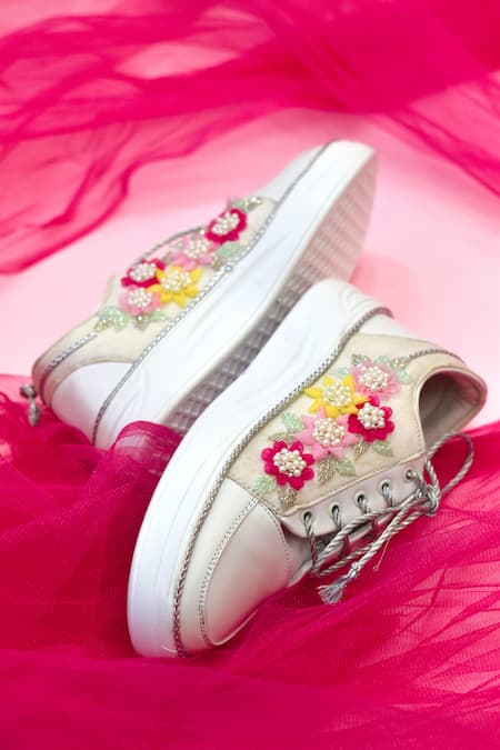 Shop Around Always White Pandora Embroidered Sneakers at Aza Fashions Shop_Around Always_White Pandora Embroidered Sneakers _at_Aza_Fashions