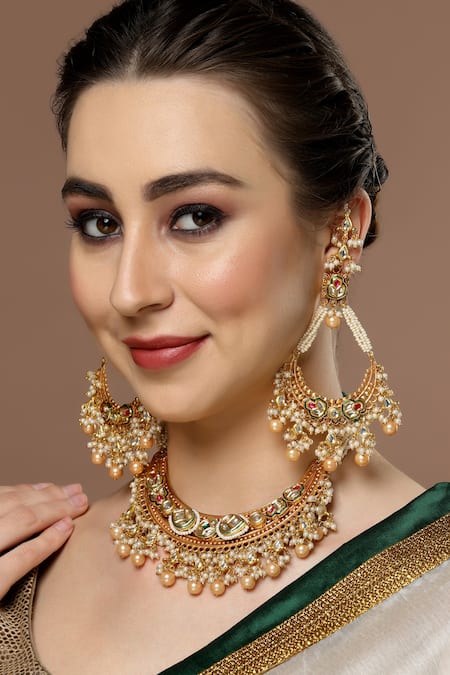 Shop Dugran By Dugristyle Red Pearls, Gota Patti, Stones Kundan Embellished Passa Chandbali Earrings at Aza Fashions Shop_Dugran By Dugristyle_Red Pearls, Gota Patti, Stones Kundan Embellished Passa Chandbali Earrings _at_Aza_Fashions