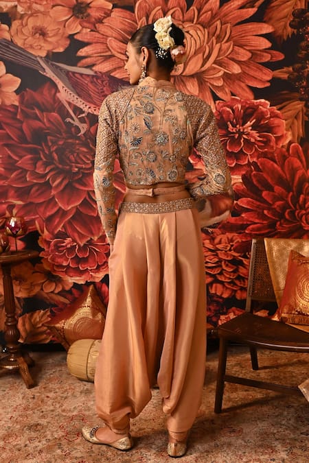 Shop Moledro Peach Brocade Beads, Sequins, Zari, Embroidery Ina Jacket And Harem Pant Set at Aza Fashions Shop_Moledro_Peach Brocade Beads, Sequins, Zari, Embroidery Ina Jacket And Harem Pant Set _at_Aza_Fashions