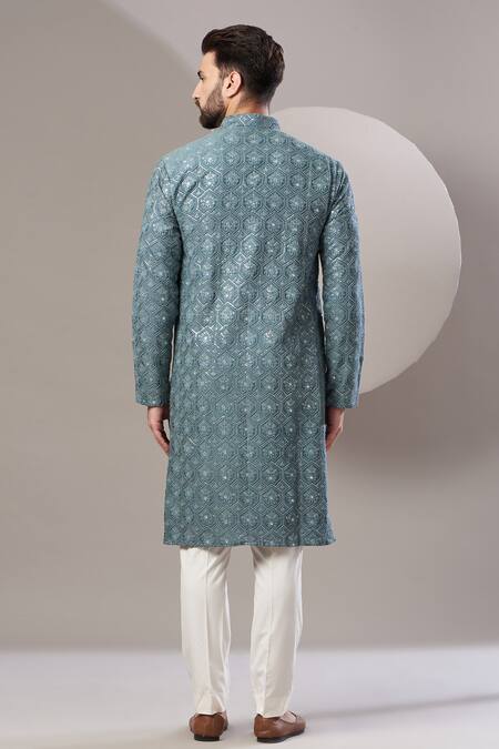 Shop_Kasbah_Blue Silk, Cotton Sequins, Embroidery Kurta Set _at_Aza_Fashions