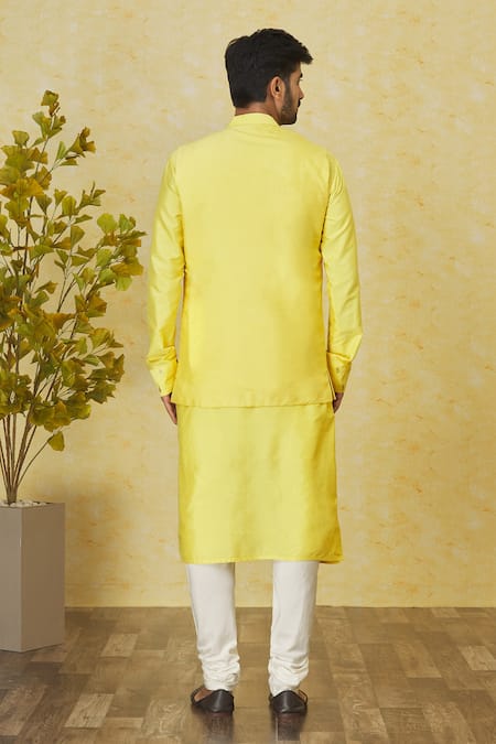 Shop Priyanka Haralalka Yellow Brocade, Silk Sequins Embroidered Bundi Kurta Set at Aza Fashions Shop_Priyanka Haralalka_Yellow Brocade, Silk Sequins Embroidered Bundi Kurta Set _at_Aza_Fashions