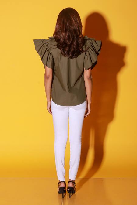 Shop Echke Green Cotton Shawl Neck Layered Ruffled Shirt at Aza Fashions Shop_Echke_Green Cotton Shawl Neck Layered Ruffled Shirt _at_Aza_Fashions