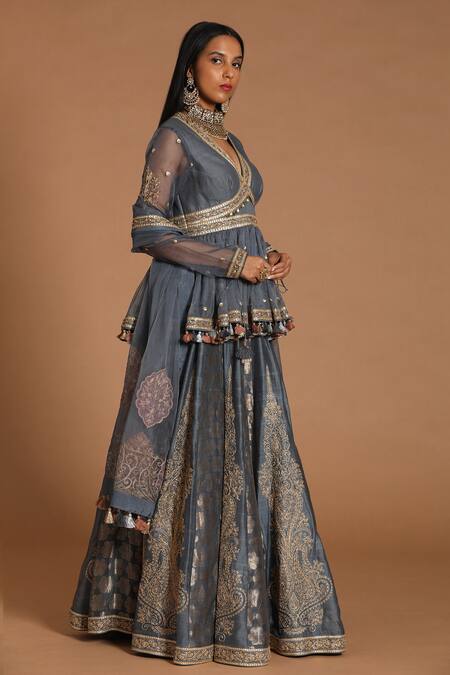 Shop Rar Studio Grey Chanderi, Silk, Cotton Sequins, Floral Dori Hand Embroidered Lehenga Set at Aza Fashions Shop_Rar Studio_Grey Chanderi, Silk, Cotton Sequins, Floral Dori Hand Embroidered Lehenga Set_at_Aza_Fashions
