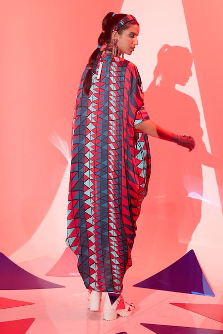 Shop Esha L Amin Multi Color Viscose, Crepe V-neck Coachella Drawstring Kaftan at Aza Fashions Shop_Esha L Amin_Multi Color Viscose, Crepe V-neck Coachella Drawstring Kaftan _at_Aza_Fashions