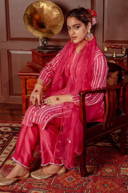 LAHARIO Embroidered Sequin Striped Kurta Pant Set 