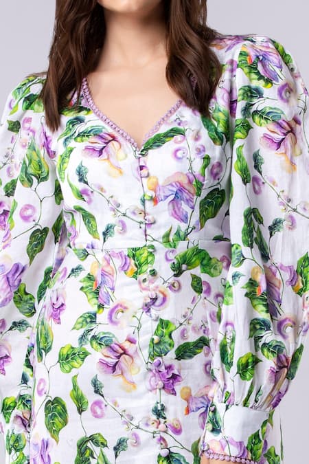 Shop Tangerine Tiger Purple Cotton Linen Floral V Neck Printed Midi Dress at Aza Fashions Shop_Tangerine Tiger_Purple Cotton Linen Floral V Neck Printed Midi Dress_at_Aza_Fashions