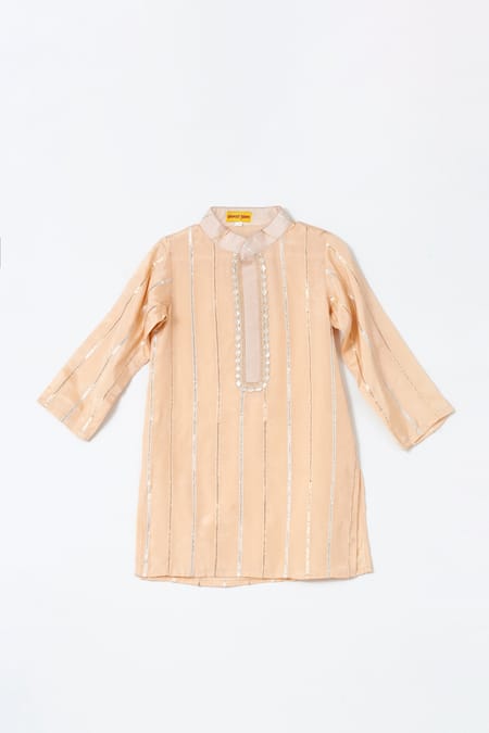 Shop Shruti Jalan Peach Crepe, Cotton Gota Patti, Sequins Striped Work Kurta Set at Aza Fashions Shop_Shruti Jalan_Peach Crepe, Cotton Gota Patti, Sequins Striped Work Kurta Set _at_Aza_Fashions