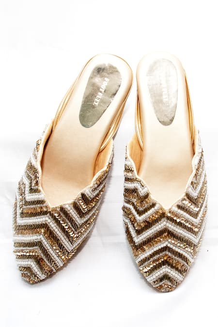 Shop Foot Fuel Gold Libby Embroidered Mules at Aza Fashions Shop_Foot Fuel_Gold Libby Embroidered Mules _at_Aza_Fashions