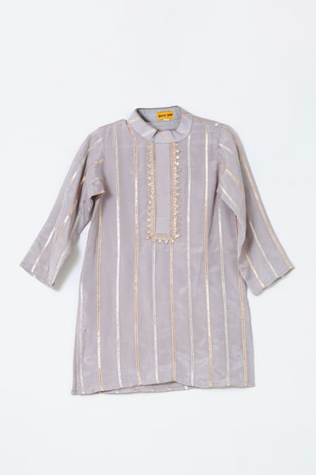 Shop Shruti Jalan Grey Crepe, Cotton Gota Patti, Sequins Striped Embroidered Kurta Set at Aza Fashions Shop_Shruti Jalan_Grey Crepe, Cotton Gota Patti, Sequins Striped Embroidered Kurta Set _at_Aza_Fashions