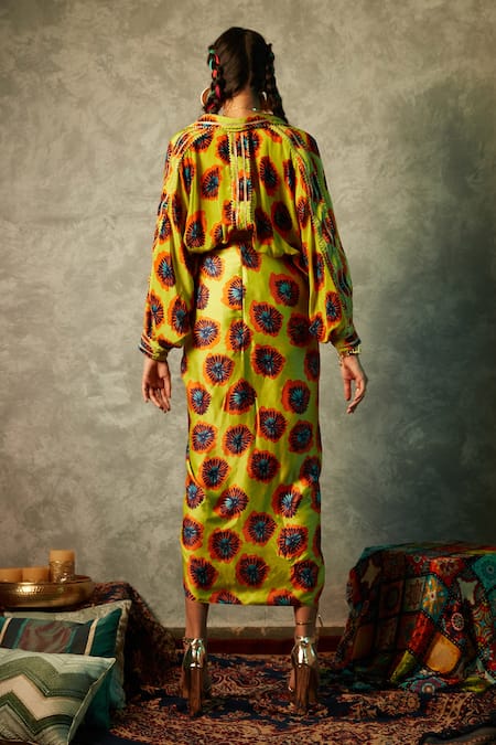 Shop_Esha L Amin_Yellow Viscose Blotch Print Sarong Skirt _at_Aza_Fashions