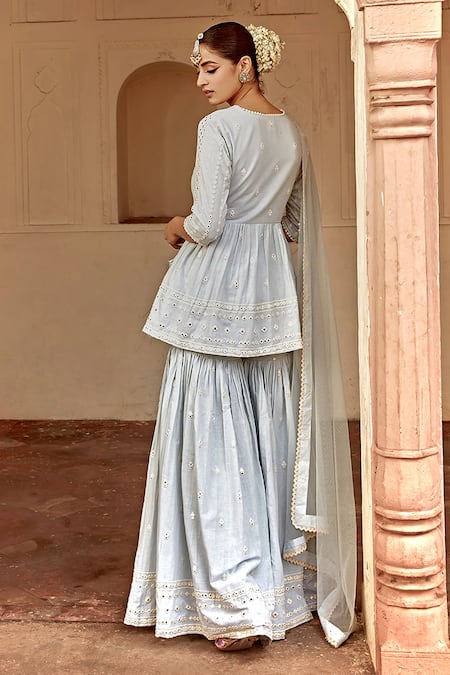 Shop Preevin Blue Cotton, Tulle, Net Lace, Mirrors, Embroidery, Sequins Peplum Angrakha Set at Aza Fashions Shop_Preevin_Blue Cotton, Tulle, Net Lace, Mirrors, Embroidery, Sequins Peplum Angrakha Set _at_Aza_Fashions