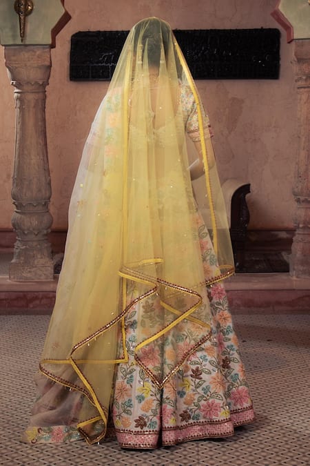 Shop Show Shaa Ivory Silk, Organza, Rayon Sequins, Embroidery Boat Floral Bridal Lehenga Set at Aza Fashions Shop_Show Shaa_Ivory Silk, Organza, Rayon Sequins, Embroidery Boat Floral Bridal Lehenga Set _at_Aza_Fashions
