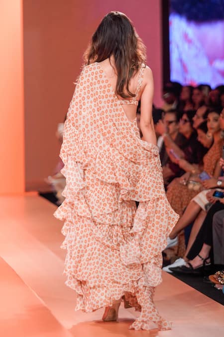 Shop_Arpita Mehta_Beige Georgette Embroidery Plunge Neck Floral Print Ruffle Saree And Blouse Set_at_Aza_Fashions