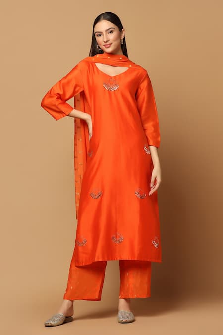 Two Sisters By Gyans Orange Cotton Chanderi Embroidery Mukaish Work V Straight Kurta Set 