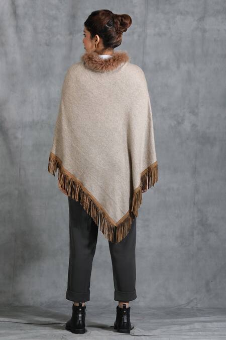 Shop Dusala Beige Cashmere Fine Wool Round Handwoven Poncho at Aza Fashions Shop_Dusala_Beige Cashmere Fine Wool Round Handwoven Poncho_at_Aza_Fashions