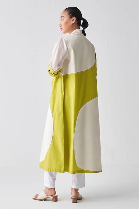 Shop Three Green Jacket Tencel + Chanderi Lapel Moon Pant Set at Aza Fashions Shop_Three_Green Jacket Tencel + Chanderi Lapel Moon Pant Set _at_Aza_Fashions