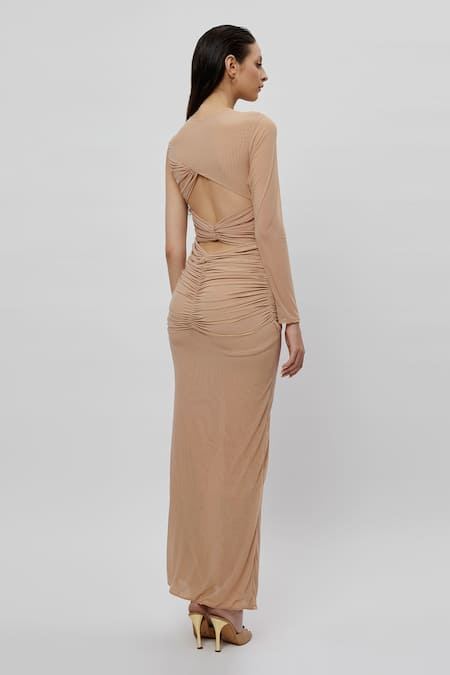 Deme By Gabriella_Beige Net Round Bodycon Front Cutout Gown _Online_at_Aza_Fashions