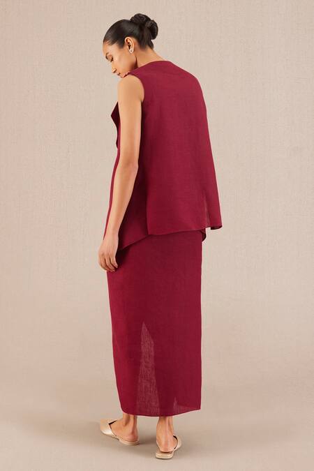 Shop Ampm Wine Linen Collared Mila Jacket And Dress Set at Aza Fashions Shop_Ampm_Wine Linen Collared Mila Jacket And Dress Set_at_Aza_Fashions
