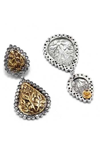 Shop Sangeeta Boochra Silver Plated Stones Nazpari Floral Carved Earrings at Aza Fashions Shop_Sangeeta Boochra_Silver Plated Stones Nazpari Floral Carved Earrings _at_Aza_Fashions