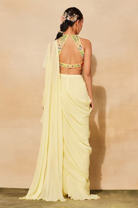 Shop_Diyarajvvir_Yellow Organza, Georgette, Linen Cut Work, Ruffled And Pre-draped Skirt Saree Set _at_Aza_Fashions