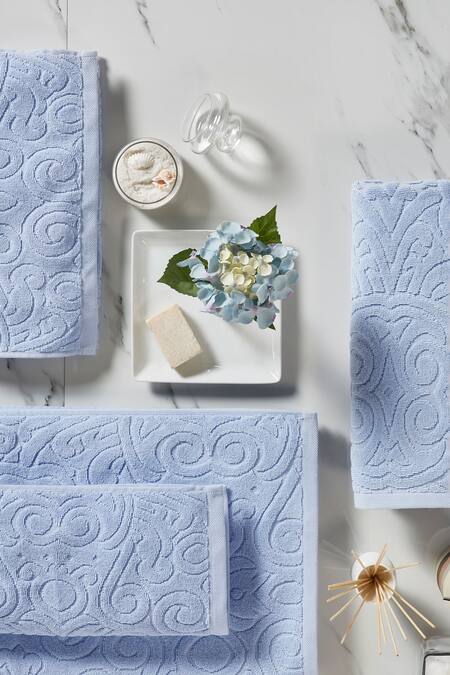 Shop Houmn Blue 100% Cotton Weaves Daydream Towel Set at Aza Fashions Shop_Houmn_Blue 100% Cotton Weaves Daydream Towel Set_at_Aza_Fashions