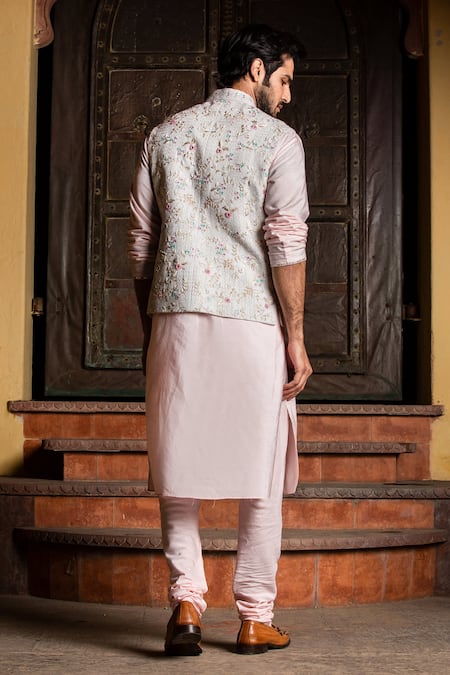 Shop_Nitika Gujral_Beige Silk, Viscose Beads, Mirrors Floral Vine Embroidered Bundi Kurta Set _at_Aza_Fashions