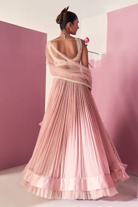 Shop Ridhi Mehra Pink Blouse - Net Lehenga - Chiffon Naahiyah Ruched Skirt Set at Aza Fashions Shop_Ridhi Mehra_Pink Blouse - Net Lehenga - Chiffon Naahiyah Ruched Skirt Set _at_Aza_Fashions