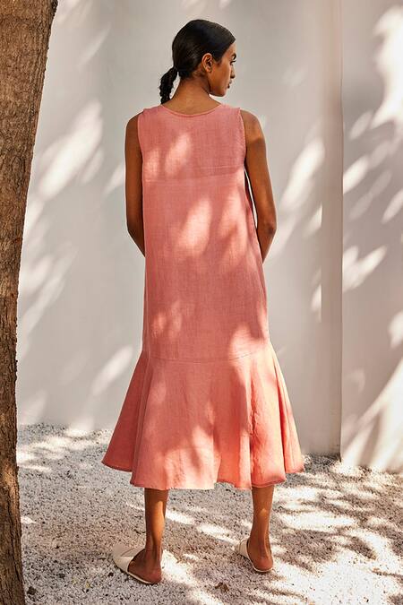 Shop_Kharakapas_Pink Linen Scoop Neck Soft Gaze Flared Dress _at_Aza_Fashions