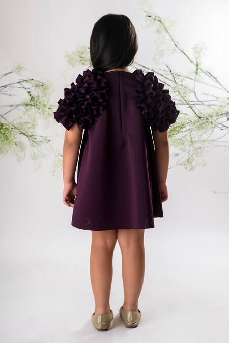 Shop Lil Angels Wine Cotton Ruffled Sleeve Dress at Aza Fashions Shop_Lil Angels_Wine Cotton Ruffled Sleeve Dress_at_Aza_Fashions