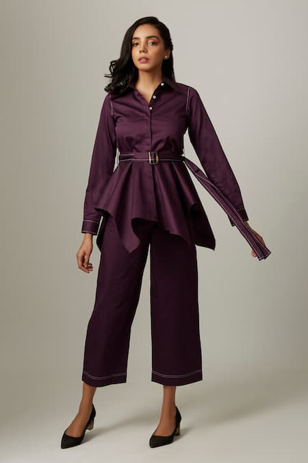 Shop Escape By Aishwarya Purple Cotton Satin Collared Handkerchief Shirt at Aza Fashions Shop_Escape By Aishwarya_Purple Cotton Satin Collared Handkerchief Shirt _at_Aza_Fashions