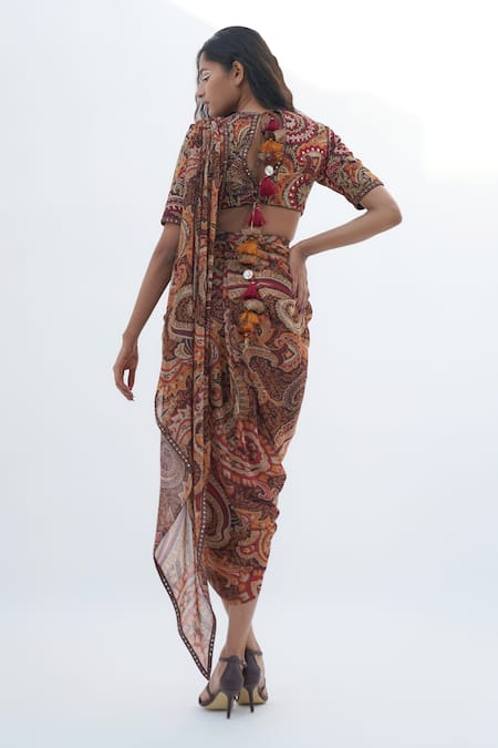 Nadima Saqib Brown Georgette Printed Paisley Pre-draped Saree  2